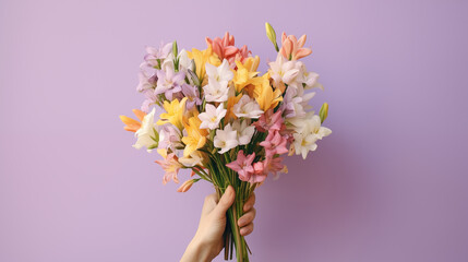 A hand tenderly holding a bunch of fragrant freesias, bouquet of flowers, plain background, with copy space