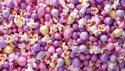 Popcorn for movie, cinema. Popcorn mockup background. Pink and white popcorn flat-lay top view. Banner pop corn salty cheese, sweet fast food snack mockup. Template blank copy space. - obrazy, fototapety, plakaty