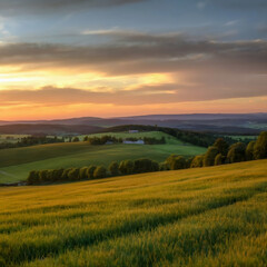 Obraz premium sunset over the field, sunset nature, AI images, AI photography, nature photography, sunrise photo, nature mountain, 