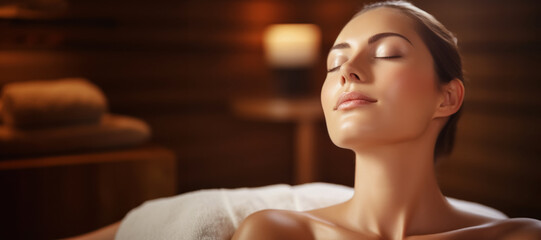 A woman enjoys a spa treatment with her eyes closed. The atmosphere of tranquility and comfort. The concept of body and soul care, privacy and recuperation.