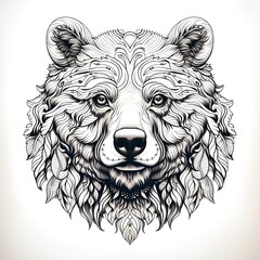 Bear Mandala Coloring Book Design on Thin Line Art, Black and White Illustration on White Background