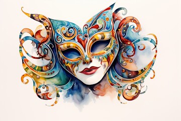Watercolor art carnival mask with decorative elements for a holiday or party on bright background