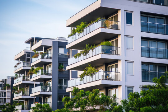 Fototapeta White modern residential building with green plant walls. Sustainable living, ecology and green urban environment concept