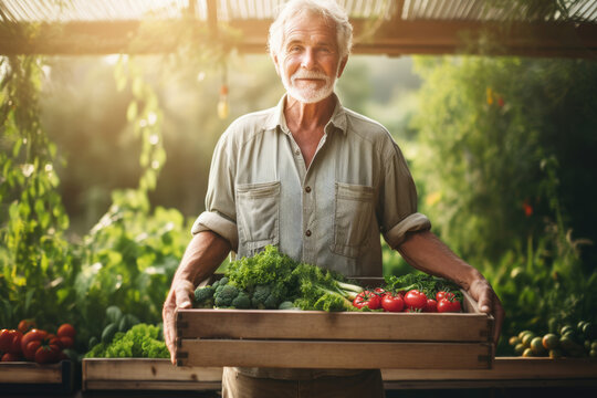 Farmer man holding wooden box full of fresh raw organic vegetables, standing in greenhouse