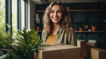portrait of young woman smiling with catrboard boxes around moving in new home - obrazy, fototapety, plakaty