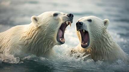 portrait of two polar bears fighting in water on ice showing teeth - obrazy, fototapety, plakaty