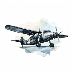 Chic Hand-Drawn Plane Illustration with High Contrast Black Outlines and Sophisticated Watercolor Washes