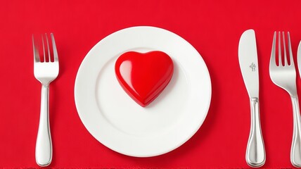 Fototapeta na wymiar Red Heart Shaped Object Centered on White Plate with Silverware Set Against Vibrant Red Background