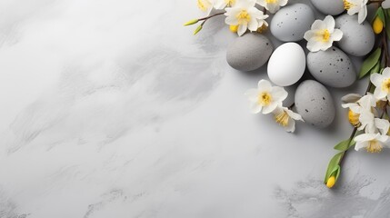 Easter eggs and spring flowers on grey background. Top view with copy space