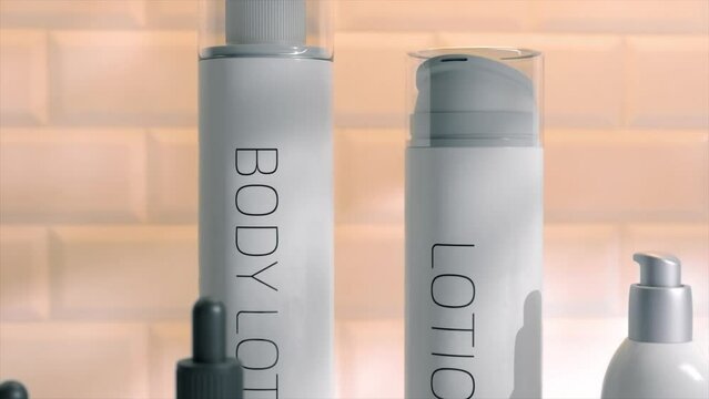 Close-up of skincare bottles in 3D animation, showcasing modern design with clean lines and transparent materials on a reflective surface.