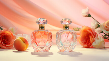 The composition of perfume bottles on a pastel background with peach shades. An atmosphere of warmth and light, freshness and femininity. A concept for design and advertising in the beauty industry.
