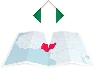 Nigeria pin flag and map on a folded map
