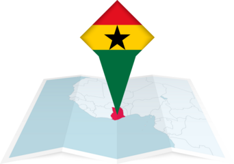 Ghana pin flag and map on a folded map
