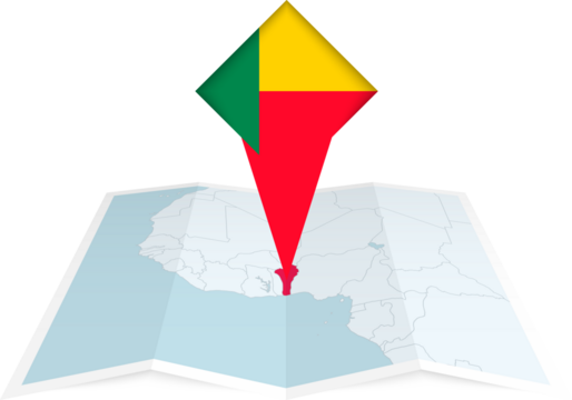Benin pin flag and map on a folded map