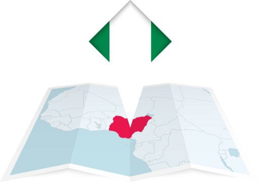 Nigeria pin flag and map on a folded map