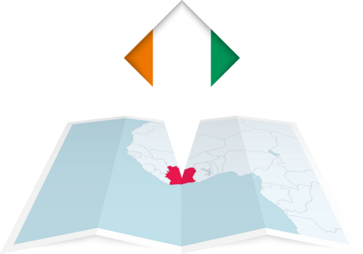 Ivory Coast pin flag and map on a folded map