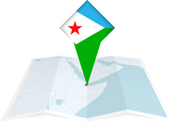 Djibouti pin flag and map on a folded map