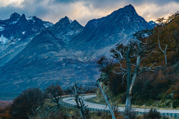 Highway crossing moutains landscape, tierra del fuego, argentina