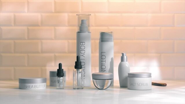 Elegant skincare product line in 3D animation, displayed against a textured tile background with a serene, soft lighting.