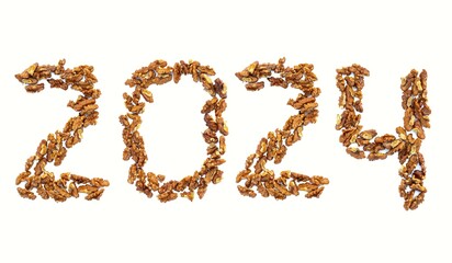 2024 Written with Walnut on White Background, Happy New Year 2024 Wishing Conceptual Photo