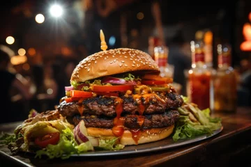 Keuken spatwand met foto A buffalo meat hamburger at a rodeo party., generative IA © Gabriel