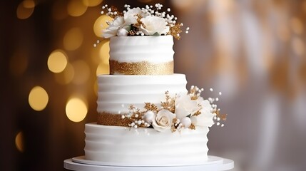 Elegant multi-tiered wedding cake adorned with pink roses and petals on a garden table. - obrazy, fototapety, plakaty