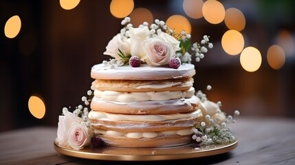 Obraz na płótnie Canvas Elegant multi-tiered wedding cake adorned with pink roses and petals on a garden table.
