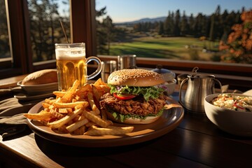 A grilled chicken burger in a coffee overlooking a golf course., generative IA