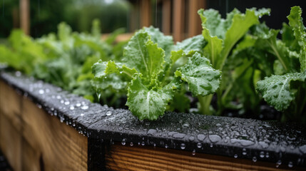 Raindrops on fresh green leaves of growing lettuce plants in wooden raided beds. Community, urban rooftop garden - obrazy, fototapety, plakaty