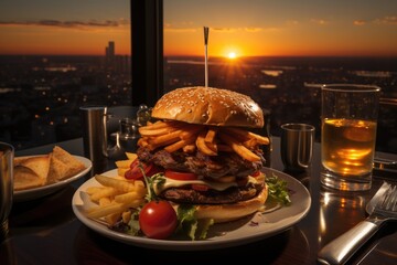 A gourmet hamburger with foie gras in a restaurant overlooking the sunset., generative IA