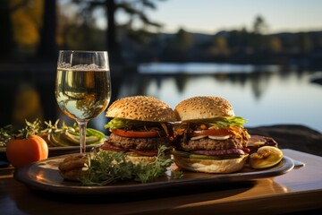 A gourmet hamburger with foie gras in a restaurant overlooking a lake., generative IA