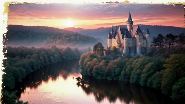 ancient castle on the top of a mountain with a forest around and a river. Landscape of architecture on a sunny day
