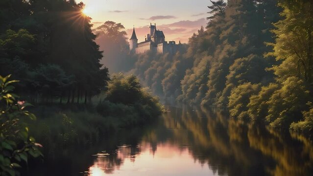 ancient castle on the top of a mountain with a forest around and a river. Landscape of architecture on a sunny day