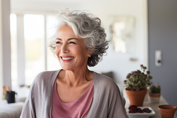 A beautiful happy and smiling mature female in loungewear
