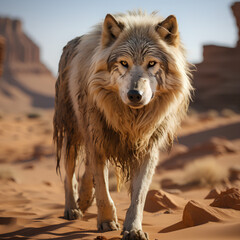 A white wolf walking in the desert and looking straight into the camera