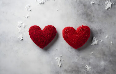 two red rope heart shapes on grey snowy background top view