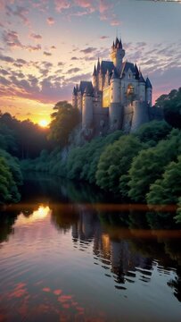 ancient castle on the top of a mountain with a forest around and a river. Landscape of architecture on a sunny day