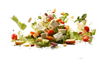 Gourmet salad with blue cheese, greens, and croutons, white background
