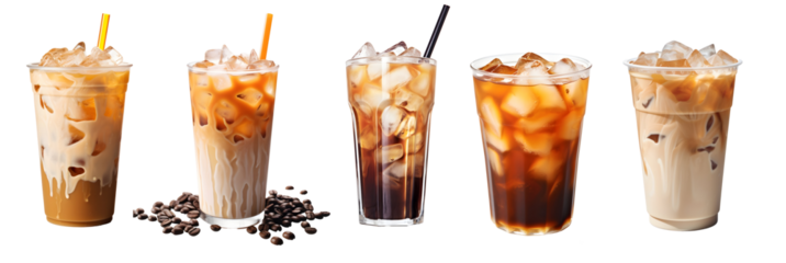 Iced coffee cups isolated on transparent background, delicious iced latte coffee drink with ice cubes and milk, cold coffee beverage