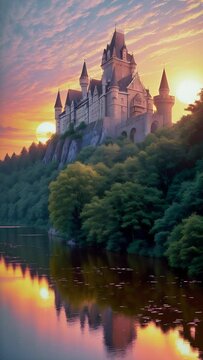 ancient castle on the top of a mountain with a forest around and a river. Landscape of architecture on a sunny day