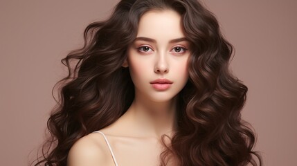 Youthful Asian woman with wavy hair and Korean-inspired makeup touching her flawless complexion on a neutral background, emphasizing facial care, beauty treatments, and cosmetic procedures.