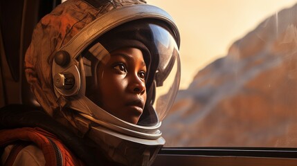Portrait of an african children wearing a spacesuit looking through the window on mars - obrazy, fototapety, plakaty