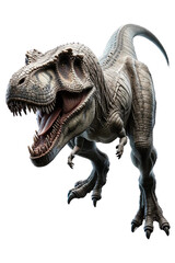 A lifelike 3D render of a Tyrannosaurus Rex, mid-roar, showcasing intricate details of its fearsome visage and powerful stance, isolated
