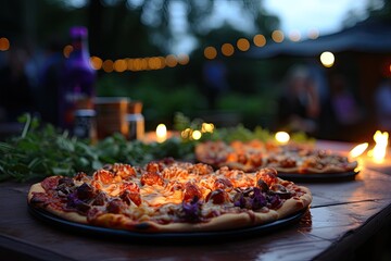 A blackberry pizza on an outdoor movie night in a park., generative IA