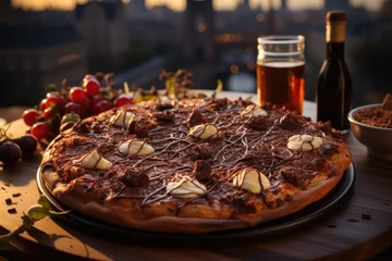  A chocolate cake pizza in a Parisian coffee overlooking the Eiffel Tower., generative IA © Gabriel