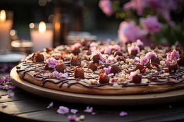 Obraz na płótnie Canvas A chocolate cake pizza at a spring party with fresh flowers., generative IA
