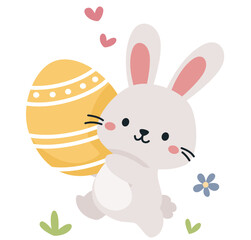 Flat vector illustration. Cute bunny running with Easter egg . Vector illustration
