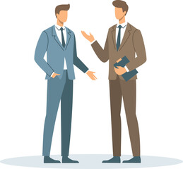 Flat vector illustration. Two office workers in business suits talking to each other . Vector illustration