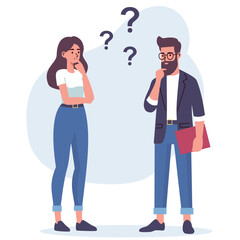 Flat vector illustration. A woman and a man are discussing issues, thinking about making a decision, coming up with an idea. Concept of joint idea . Vector illustration