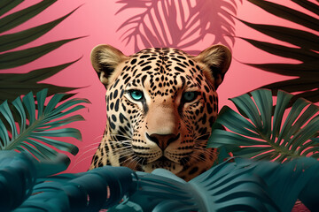 leopard in leaves and tropical flowers on the pink background
created using generative Ai tools